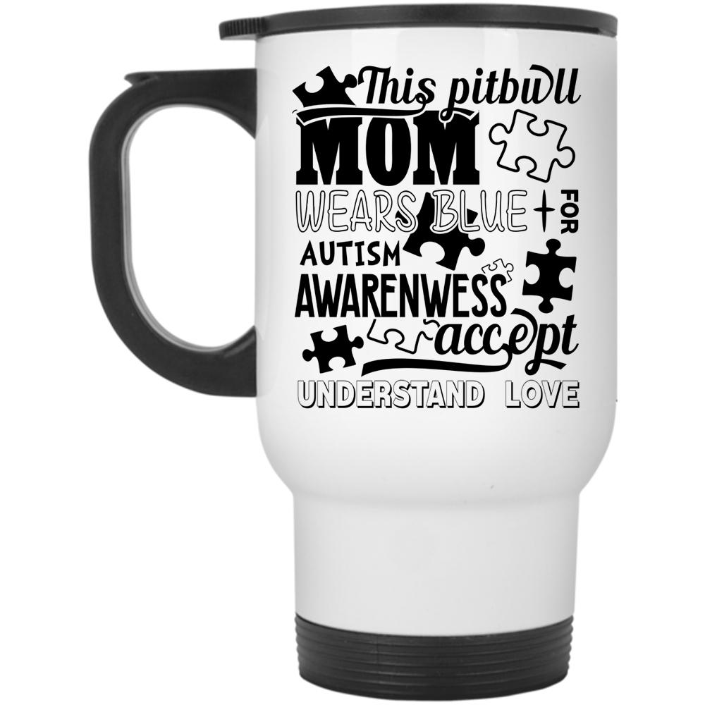 Autism Awarenwess Travel Mug, This Pitbull Mom Wears Blue Mug