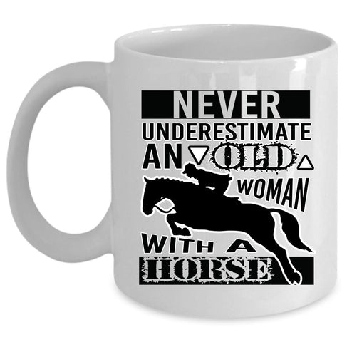 An Old Woman With A Horse Mug, Grandmother Cup (Coffee Mug - White)