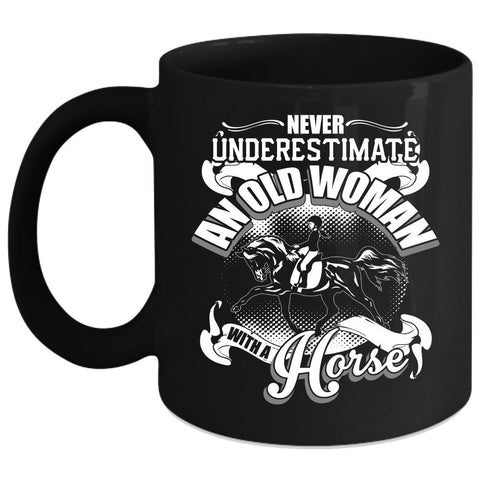 An Old Woman With A Horse Coffee Mug, Cool Old Equestrian Coffee Cup